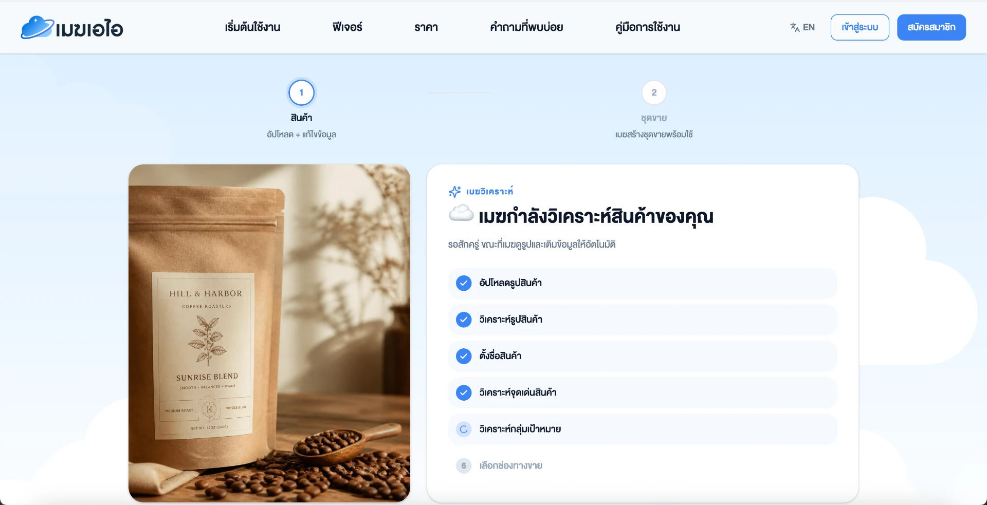 หน้าจอเมฆกำลังวิเคราะห์รูปสินค้า ตั้งชื่อ จุดเด่น และกลุ่มเป้าหมาย