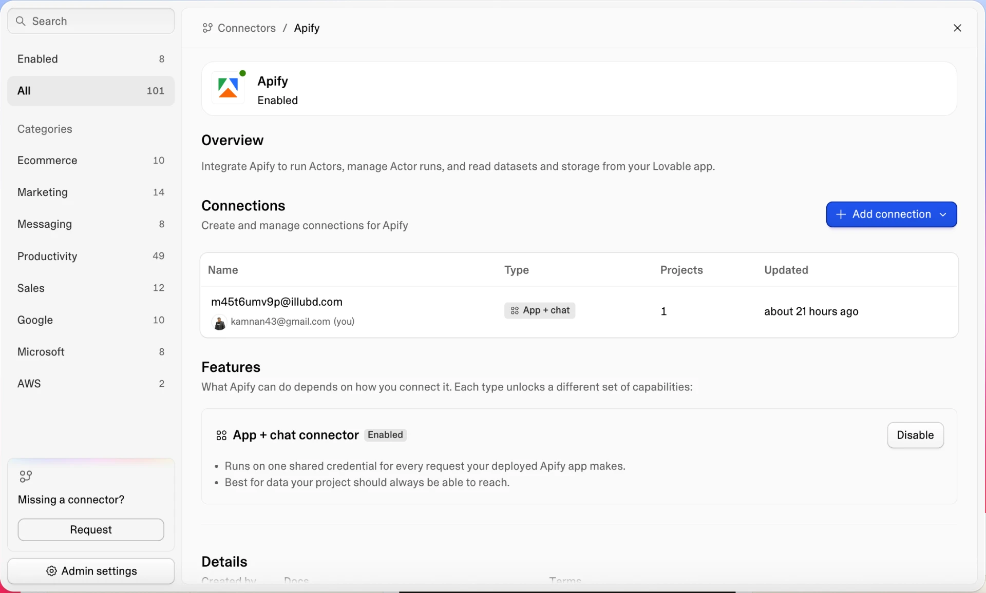 หน้าจอ Connectors ใน Lovable แสดง Apify ที่เปิดใช้งานแล้วพร้อมรายการ connection
